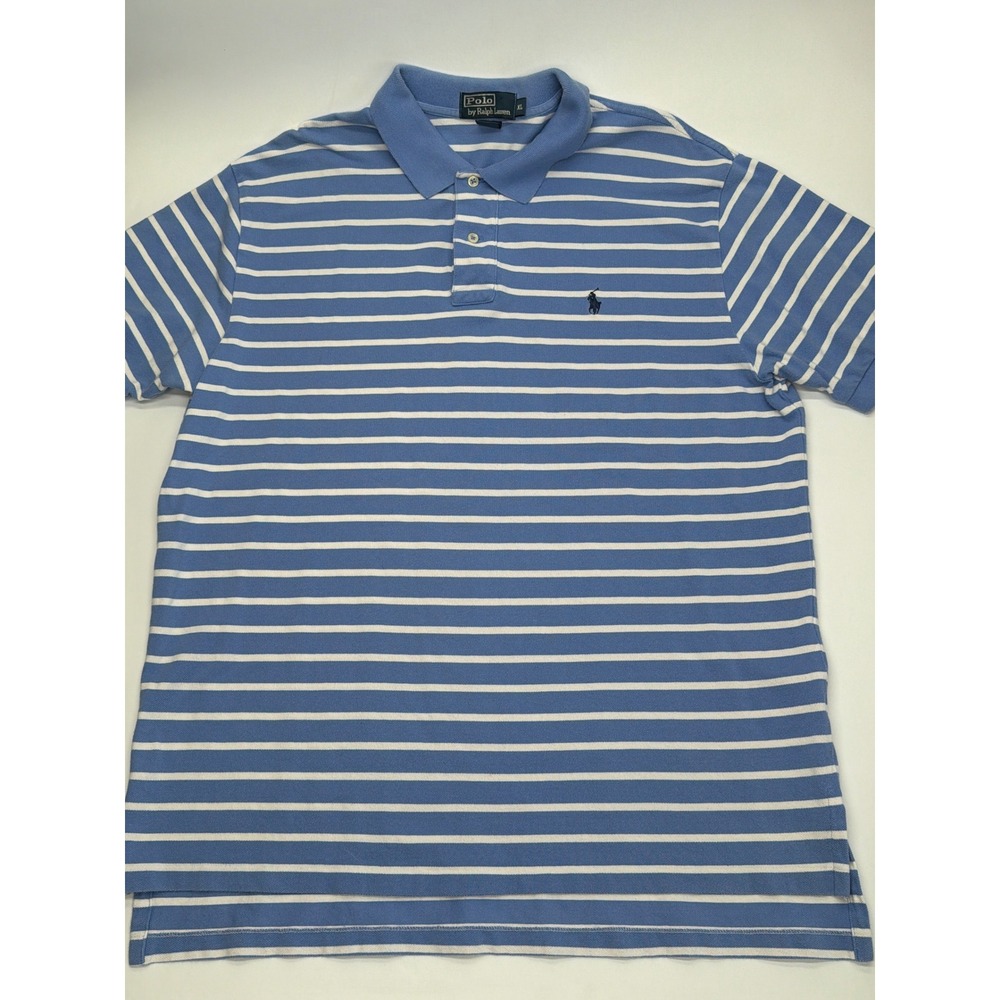 Polo Ralph Lauren Mens XL Blue White Striped Short Sleeve Pique Polo Shirt Logo